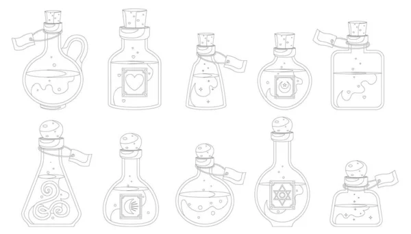 Coloring Book Set Illustrations Flasks Potion Game Potions Collection Coloring — Stock Vector