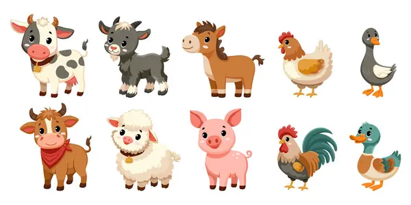Set Cute Funny Farm Animals Isolated White Background Collection Happy — Stock Vector