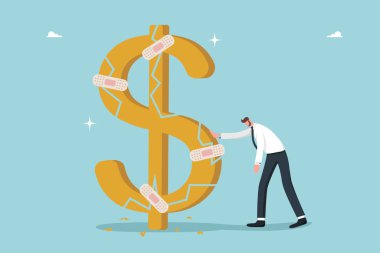 Dolar para birimlerinin çökmesini önleme, ekonomik kriz veya piyasa çöküşü sırasında hayatta kalma stratejisi bulma, mali zorlukların nedenlerini analiz etme, alçıya alınan doların yanındaki yorgun adam.