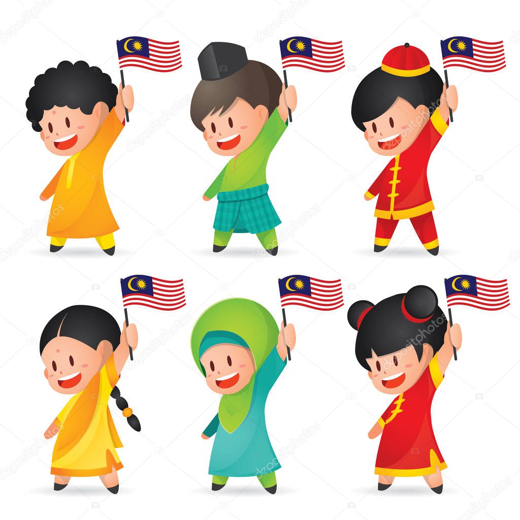 Malaysia National / Independence Day illustration. Cute cartoon character kids of Malay, Indian & Chinese holding Malaysia flag. 31 August, Merdeka.