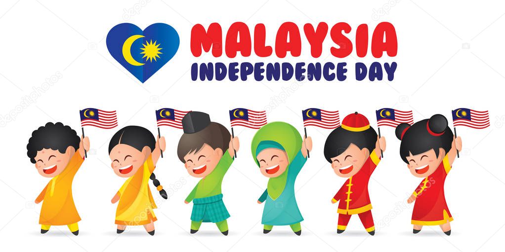 Malaysia National / Independence Day illustration. Cute cartoon character kids of Malay, Indian & Chinese holding Malaysia flag. 31 August, Merdeka.
