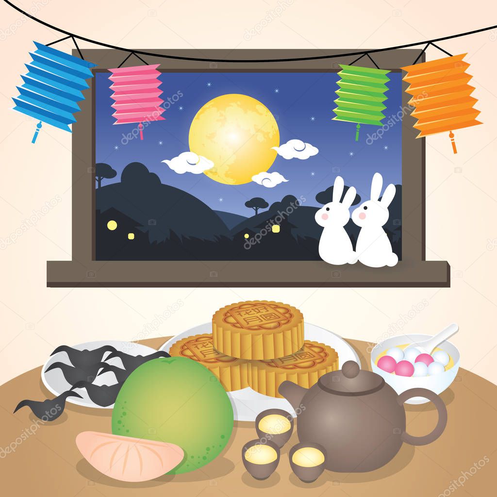 Mid autumn festival or Zhong Qiu Jie illustration with traditional festival food. Caption: 15th august ; happy mid-autumn