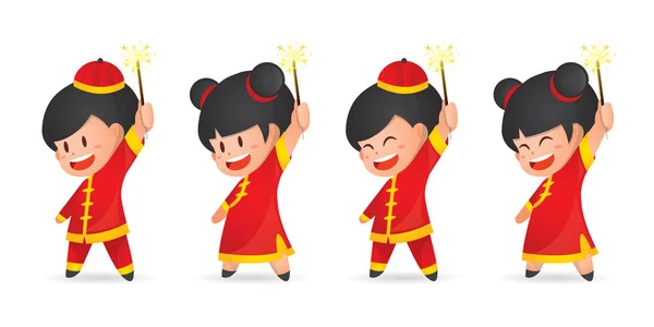 Niedlichen Cartoon Chinesischen Neujahr Jungen Und Mädchen Spaß Mit Wunderkerzen — Stockvektor