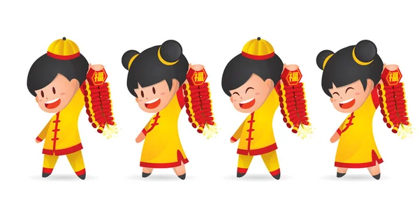Χαριτωμένο Κινούμενα Κινεζικό Νέο Έτος Αγόρι Και Κορίτσι Διασκεδάζοντας Firecracker — Διανυσματικό Αρχείο