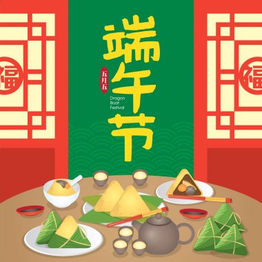 Duanwu Festivali, aynı zamanda genellikle Dragon Boat Festivali olarak da bilinir. Mutlu aile ile Vektör İllüstrasyon zongzi, aynı zamanda pirinç köfte veya yapışkan pirinç köfte olarak bilinen tadını çıkarın.