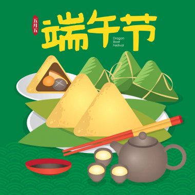 Duanwu Festivali, aynı zamanda genellikle Dragon Boat Festivali olarak da bilinir. Mutlu aile ile Vektör İllüstrasyon zongzi, aynı zamanda pirinç köfte veya yapışkan pirinç köfte olarak bilinen tadını çıkarın.