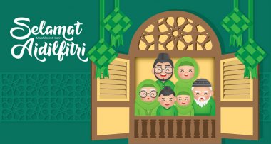 Hari Raya Aidilfitri, Ramazan'ın sona ermesiyle birlikte, dünya çapında Müslümanlar tarafından kutlanan önemli bir dini bayramdır. Mutlu Müslüman aile vektör illüstrasyon.