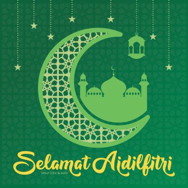 Selamat Hari Raya Aidilfitri tebrik kartı vektör illüstrasyon. (Başlık: Ramazan Bayramı olarak da bilinen Oruç Günü kutlaması)