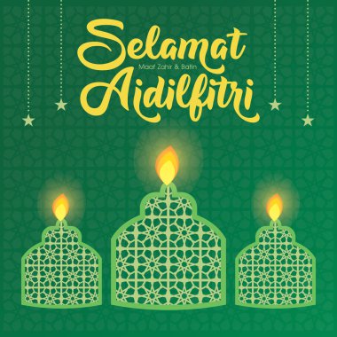 Selamat Hari Raya Aidilfitri tebrik kartı vektör illüstrasyon. (Başlık: Ramazan Bayramı olarak da bilinen Oruç Günü kutlaması)