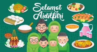 Iftar/Berbuka Puasa (or Fatoor) is the evening meal with which Muslims end their daily Ramadan fast at sunset.  (Caption: Hari Raya Aidilfitri also known as Eid al-Fitr) clipart