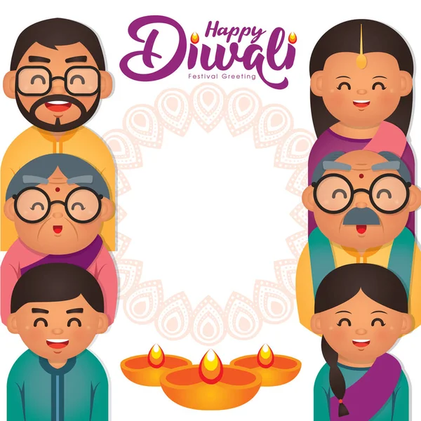 Diwali Deepavali Vektorillustration Mit Glücklicher Indischer Familie Feiern Das Fest — Stockvektor