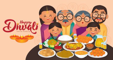 Mutlu hint aile ile Diwali / Deepavali vektör illüstrasyon geleneksel festival gıdalar / yemek (Murukku, Ladoo / Laddu, Curry, Curry Puff, Halwa ve Rice tadını çıkarın)