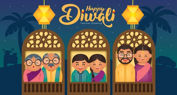 Diwa Deepavali Ilustracji Wektorowych Happy Indian Rodziny Świętować Festiwal — Wektor stockowy