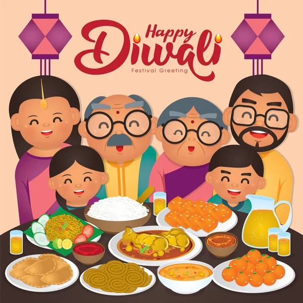 Diwali Deepavali Vektorillustration Mit Glücklichen Indischen Familien Genießen Die Traditionellen — Stockvektor