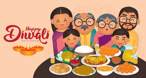 Diwa Deepavali Ilustracji Wektorowych Happy Indian Rodziny Cieszyć Się Tradycyjnym — Wektor stockowy