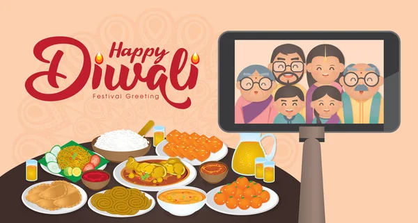 Diwa Deepavali Ilustracji Wektorowych Happy Indian Rodziny Cieszyć Się Tradycyjnym — Wektor stockowy