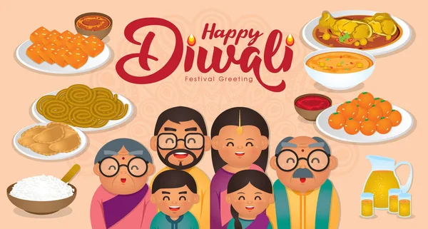 Diwa Deepavali Ilustracji Wektorowych Happy Indian Rodziny Cieszyć Się Tradycyjnym — Wektor stockowy