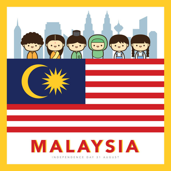 Malaysia National / Independence Day illustration with 3 race cute character Malay, Indian & Chinese kids. 31 August, Merdeka.