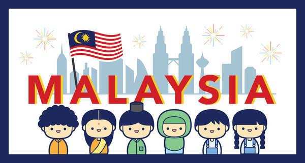 Malaysia National / Independence Day illustration with 3 race cute character Malay, Indian & Chinese kids. 31 August, Merdeka.
