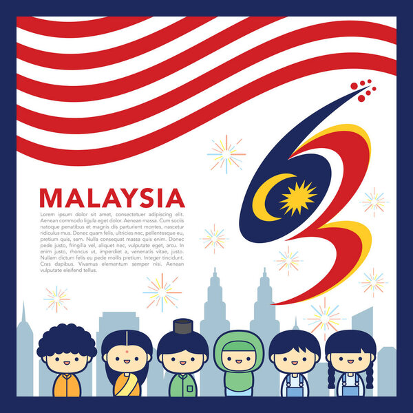 Malaysia National / Independence Day illustration with 3 race cute character Malay, Indian & Chinese kids. 31 August, Merdeka.