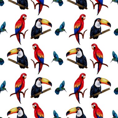 Tukan, papağan ve sinekkuşuyla suluboya desenli. Yaz tropik illüstrasyonu. Kusursuz soyut, vahşi, egzotik hayvan baskısı. Tatlı çizgi film vahşi hayvan..