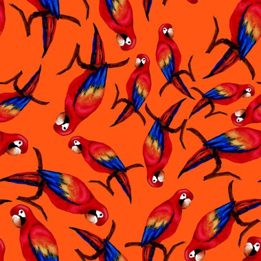 Papağan papağanıyla suluboya kusursuz desen. Egzotik orman kuşu duvar kağıdı. Her amaç için harika bir tasarım. Parlak yaz baskısı.