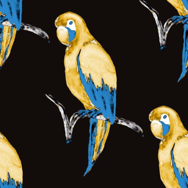 Papağan papağanıyla suluboya kusursuz desen. Egzotik orman kuşu duvar kağıdı. Her amaç için harika bir tasarım. Parlak yaz baskısı.