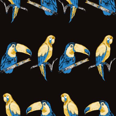 Tukan, papağan ve sinekkuşuyla suluboya desenli. Yaz tropik illüstrasyonu. Kusursuz soyut, vahşi, egzotik hayvan baskısı. Tatlı çizgi film vahşi hayvan..