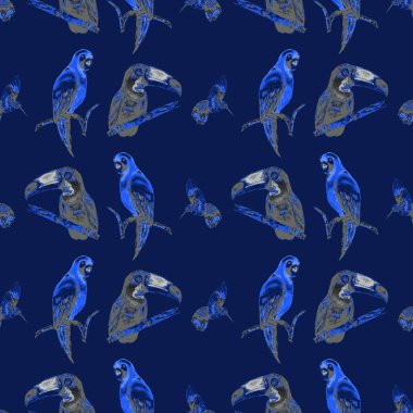 Tukan, papağan ve sinekkuşuyla suluboya desenli. Yaz tropik illüstrasyonu. Kusursuz soyut, vahşi, egzotik hayvan baskısı. Tatlı çizgi film vahşi hayvan..