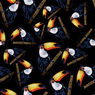 Tukanla dikişsiz suluboya desen. Yaz tropik illüstrasyonu. Kusursuz soyut, vahşi, egzotik hayvan baskısı. Tatlı çizgi film vahşi hayvan..
