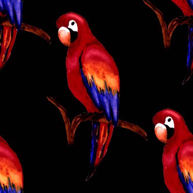 Papağan papağanıyla suluboya kusursuz desen. Egzotik orman kuşu duvar kağıdı. Her amaç için harika bir tasarım. Parlak yaz baskısı.