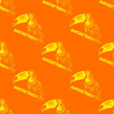 Tukanla dikişsiz suluboya desen. Yaz tropik illüstrasyonu. Kusursuz soyut, vahşi, egzotik hayvan baskısı. Tatlı çizgi film vahşi hayvan..