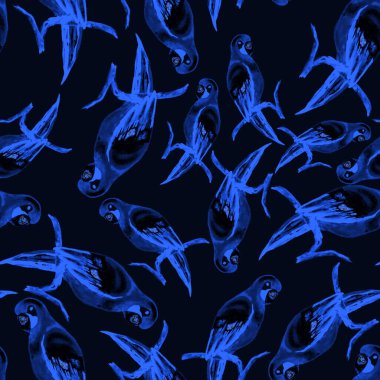 Papağan papağanıyla suluboya kusursuz desen. Egzotik orman kuşu duvar kağıdı. Her amaç için harika bir tasarım. Parlak yaz baskısı.