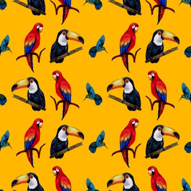 Tukan, papağan ve sinekkuşuyla suluboya desenli. Yaz tropik illüstrasyonu. Kusursuz soyut, vahşi, egzotik hayvan baskısı. Tatlı çizgi film vahşi hayvan..