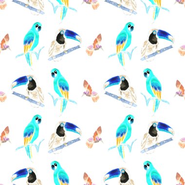 Tukan, papağan ve sinekkuşuyla suluboya desenli. Yaz tropik illüstrasyonu. Kusursuz soyut, vahşi, egzotik hayvan baskısı. Tatlı çizgi film vahşi hayvan..