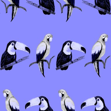 Tukan, papağan ve sinekkuşuyla suluboya desenli. Yaz tropik illüstrasyonu. Kusursuz soyut, vahşi, egzotik hayvan baskısı. Tatlı çizgi film vahşi hayvan..