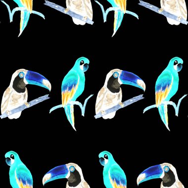 Tukan, papağan ve sinekkuşuyla suluboya desenli. Yaz tropik illüstrasyonu. Kusursuz soyut, vahşi, egzotik hayvan baskısı. Tatlı çizgi film vahşi hayvan..