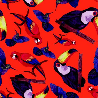 Tukan, papağan ve sinekkuşuyla suluboya desenli. Yaz tropik illüstrasyonu. Kusursuz soyut, vahşi, egzotik hayvan baskısı. Tatlı çizgi film vahşi hayvan..