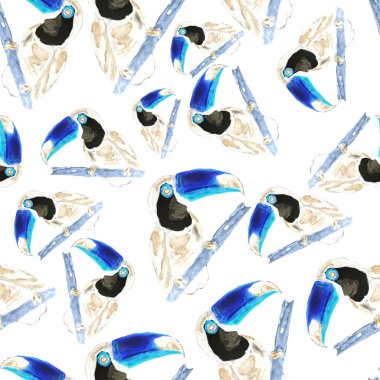 Tukanla dikişsiz suluboya desen. Yaz tropik illüstrasyonu. Kusursuz soyut, vahşi, egzotik hayvan baskısı. Tatlı çizgi film vahşi hayvan..