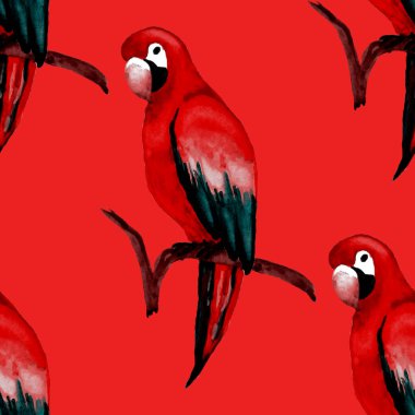 Papağan papağanıyla suluboya kusursuz desen. Egzotik orman kuşu duvar kağıdı. Her amaç için harika bir tasarım. Parlak yaz baskısı.