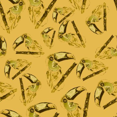 Tukanla dikişsiz suluboya desen. Yaz tropik illüstrasyonu. Kusursuz soyut, vahşi, egzotik hayvan baskısı. Tatlı çizgi film vahşi hayvan..