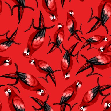 Papağan papağanıyla suluboya kusursuz desen. Egzotik orman kuşu duvar kağıdı. Her amaç için harika bir tasarım. Parlak yaz baskısı.