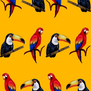 Tukan, papağan ve sinekkuşuyla suluboya desenli. Yaz tropik illüstrasyonu. Kusursuz soyut, vahşi, egzotik hayvan baskısı. Tatlı çizgi film vahşi hayvan..