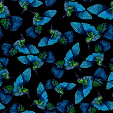 Sinek kuşuyla dikişsiz suluboya desen. Renkli sinekkuşu desenli suluboya çizimi her türlü tasarım için. Kusursuz kumaş dokusu.