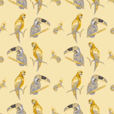 Tukan, papağan ve sinekkuşuyla suluboya desenli. Yaz tropik illüstrasyonu. Kusursuz soyut, vahşi, egzotik hayvan baskısı. Tatlı çizgi film vahşi hayvan..