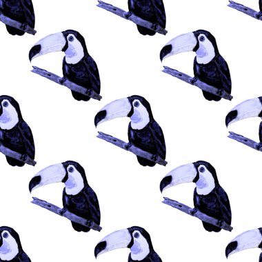 Tukanla dikişsiz suluboya desen. Yaz tropik illüstrasyonu. Kusursuz soyut, vahşi, egzotik hayvan baskısı. Tatlı çizgi film vahşi hayvan..