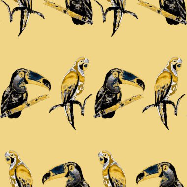 Tukan, papağan ve sinekkuşuyla suluboya desenli. Yaz tropik illüstrasyonu. Kusursuz soyut, vahşi, egzotik hayvan baskısı. Tatlı çizgi film vahşi hayvan..