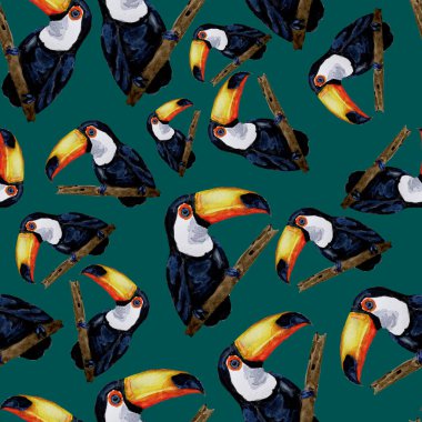 Tukanla dikişsiz suluboya desen. Yaz tropik illüstrasyonu. Kusursuz soyut, vahşi, egzotik hayvan baskısı. Tatlı çizgi film vahşi hayvan..