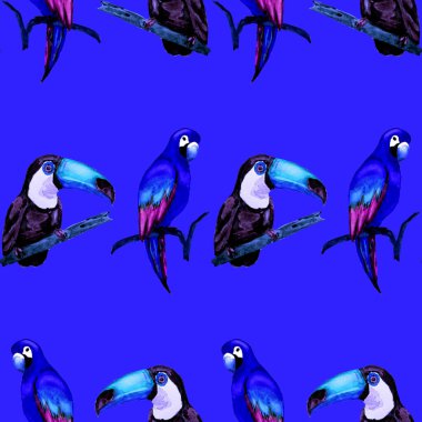 Tukan, papağan ve sinekkuşuyla suluboya desenli. Yaz tropik illüstrasyonu. Kusursuz soyut, vahşi, egzotik hayvan baskısı. Tatlı çizgi film vahşi hayvan..