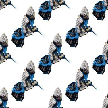 Sinek kuşuyla dikişsiz suluboya desen. Renkli sinekkuşu desenli suluboya çizimi her türlü tasarım için. Kusursuz kumaş dokusu.